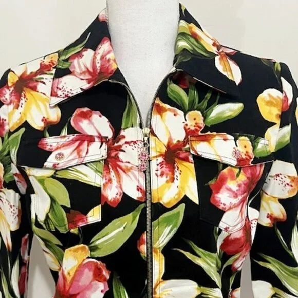 St. John Sport Marie Gray Floral Zip Front Jacket Women's Size P - Picture 2 of 7